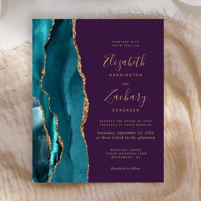 Budget Teal Gold Agate Purple Wedding Invite (Creator Uploaded)