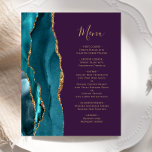 Budget Teal Gold Agate Purple Wedding Menu<br><div class="desc">The left-hand edge of this elegant modern wedding menu features a teal blue watercolor agate border trimmed with faux gold glitter. The customisable text combines gold-coloured handwriting script and copperplate fonts on a purple background. The reverse side features a matching teal and gold agate design.</div>