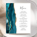 Budget Teal Gold Agate Wedding Menu<br><div class="desc">The left-hand edge of this elegant modern wedding menu features a teal blue watercolor agate border trimmed with faux gold glitter. The customisable text combines charcoal grey handwriting script and copperplate fonts on a white background. The reverse side features a matching teal and gold agate design.</div>