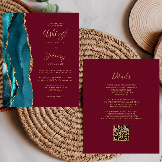 Budget Teal Gold Burgundy QR Code Wedding Invite (Creator Uploaded)