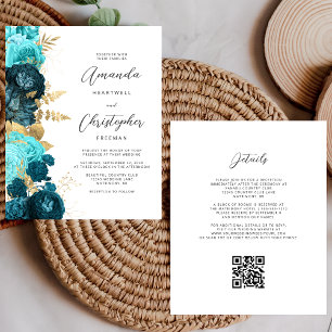 Budget Teal Gold Floral QR Code Wedding Invite