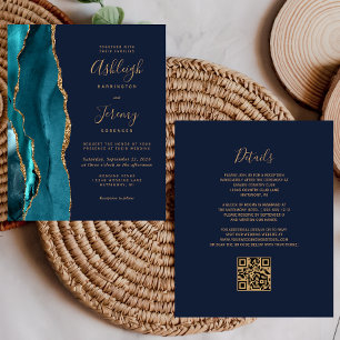 Budget Teal Gold QR Code Navy Blue Wedding Invite
