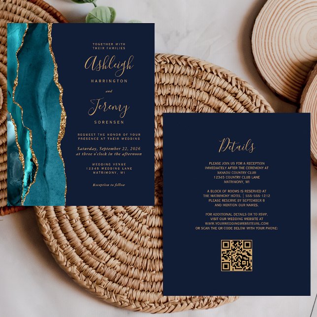 Budget Teal Gold QR Code Navy Blue Wedding Invite (Creator Uploaded)