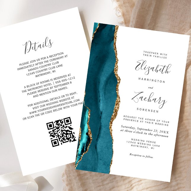 Budget Teal Gold QR Code Wedding Invitation (Creator Uploaded)