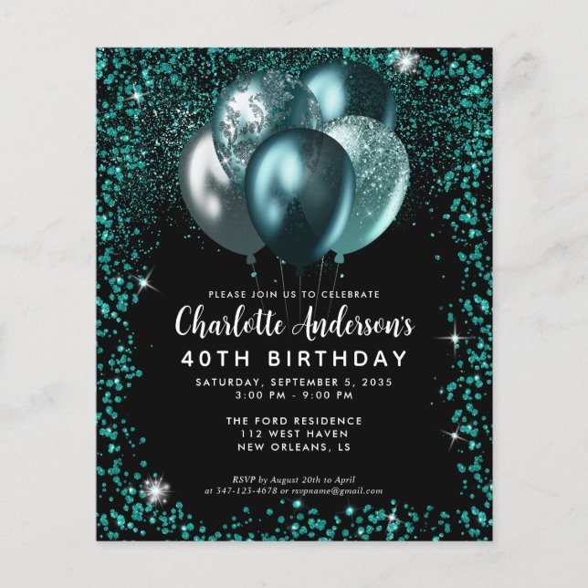 Budget Teal Green Black Glitter Balloon Birthday (Front)