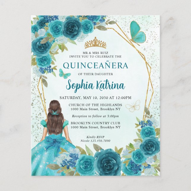 Budget Teal Green Gold Floral Princess Quinceañera (Front)