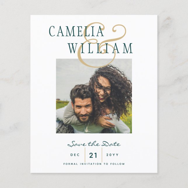 BUDGET Teal Green Gold PHOTO Save the Date Flyer (Front)