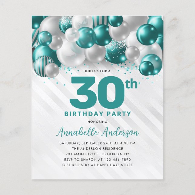 Budget Teal Green Silver Balloon Glitter Birthday (Front)