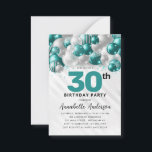 Budget Teal Green Silver Balloon Glitter Birthday Card<br><div class="desc">Modern Glam Teal Green Silver Grey Balloon Glitter Sparkle Any Age Birthday Invitation</div>