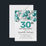 Budget Teal Green Silver Balloon Glitter Birthday Card<br><div class="desc">Modern Glam Teal Green Silver Grey Balloon Glitter Sparkle Any Age Birthday Invitation</div>