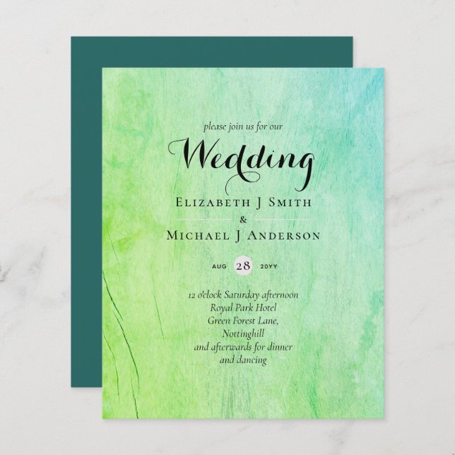 BUDGET Teal Green Wedding Invite (Front/Back)