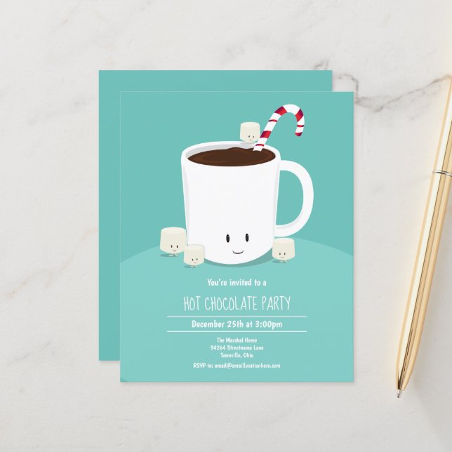 Budget Teal Hot Chocolate Christmas Party Invite (Front/Back In Situ)