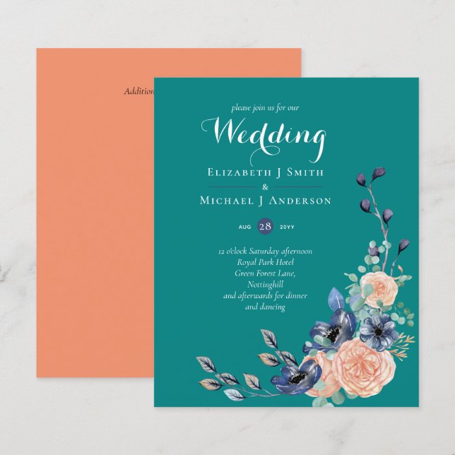 BUDGET Teal Navy Coral Floral Wedding Invitations (Front/Back)