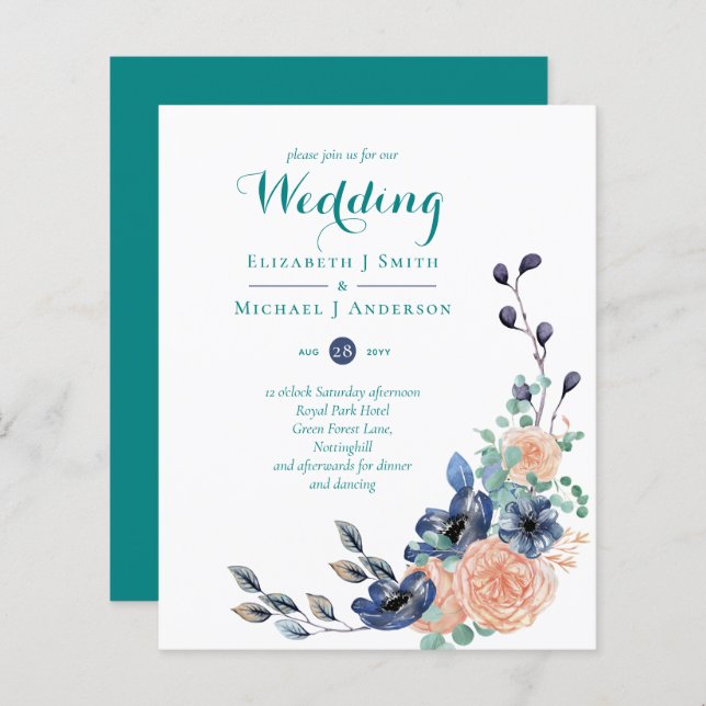 BUDGET Teal Navy Coral Floral Wedding Invitations (Front/Back)