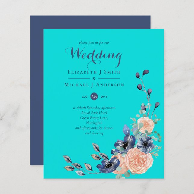 BUDGET  Teal Navy Coral Floral Wedding Invitations (Front/Back)