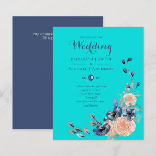 BUDGET  Teal Navy Coral Floral Wedding Invitations
