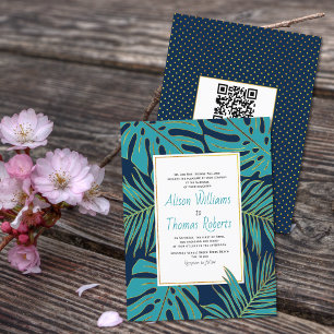 BUDGET teal navy QR code leaves wedding invitation