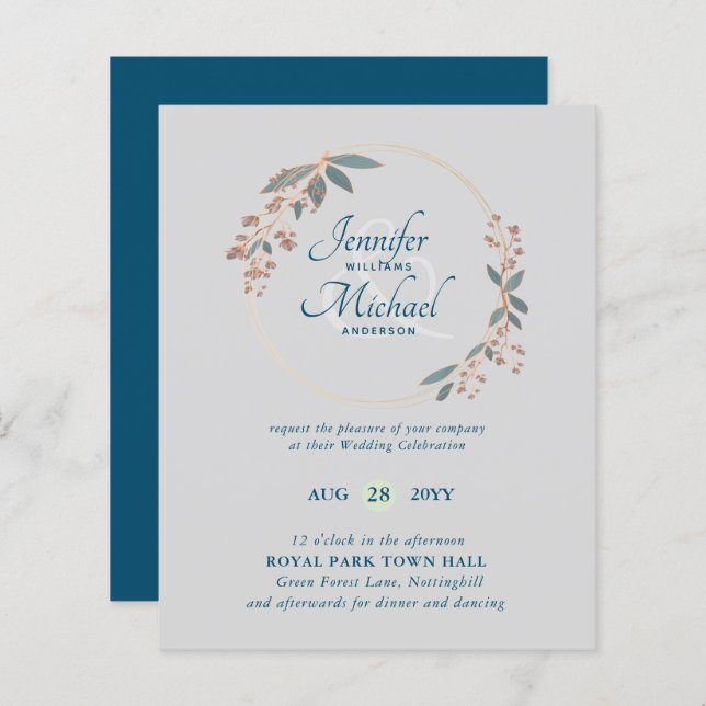 BUDGET Teal Orange Leaves Wedding Invitation (Front/Back)