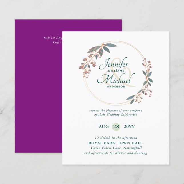 BUDGET Teal Orange Leaves Wedding Invitation (Front/Back)