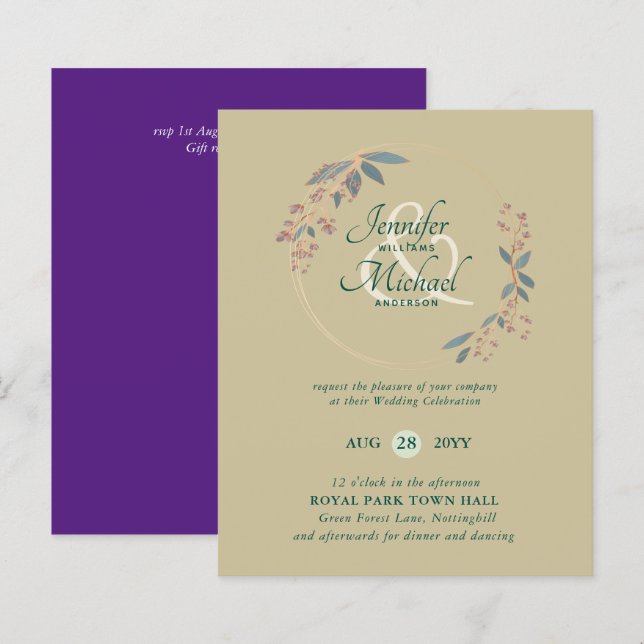 BUDGET Teal Orange Leaves Wedding Invitation (Front/Back)