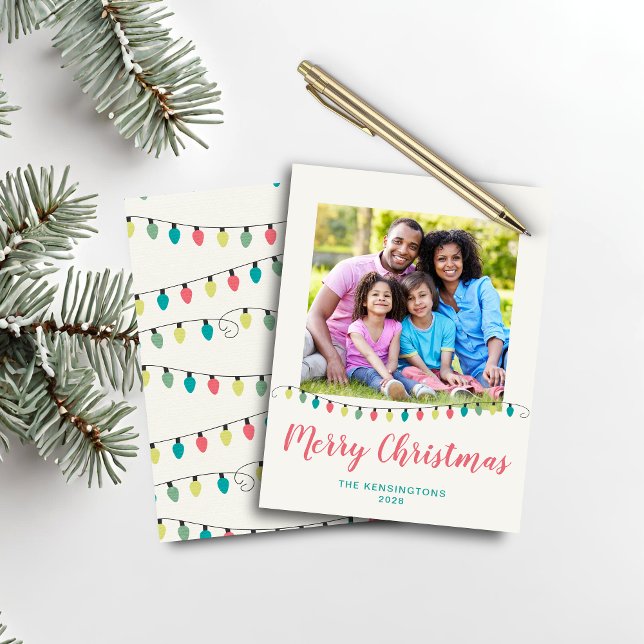 Budget Teal Pink Christmas Lights Holiday Photo (Budget Teal Pink Christmas Lights Holiday Photo Card)