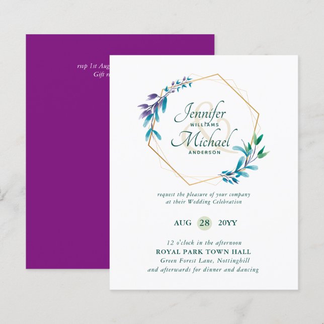 BUDGET Teal Purple Gold Wreath Wedding Invitations (Front/Back)