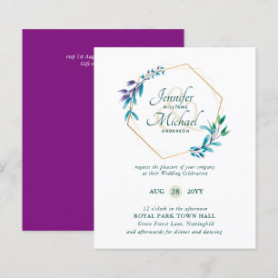 BUDGET Teal Purple Gold Wreath Wedding Invitations