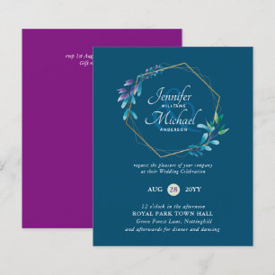 BUDGET Teal Purple Gold Wreath Wedding Invitations