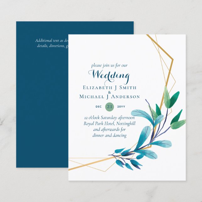BUDGET Teal Purple Gold Wreath Wedding Invitations (Front/Back)