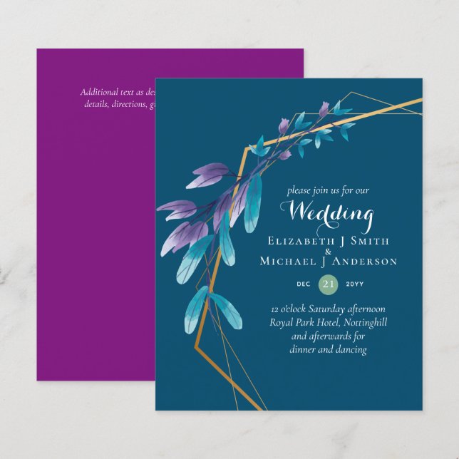 BUDGET Teal Purple Gold Wreath Wedding Invitations (Front/Back)