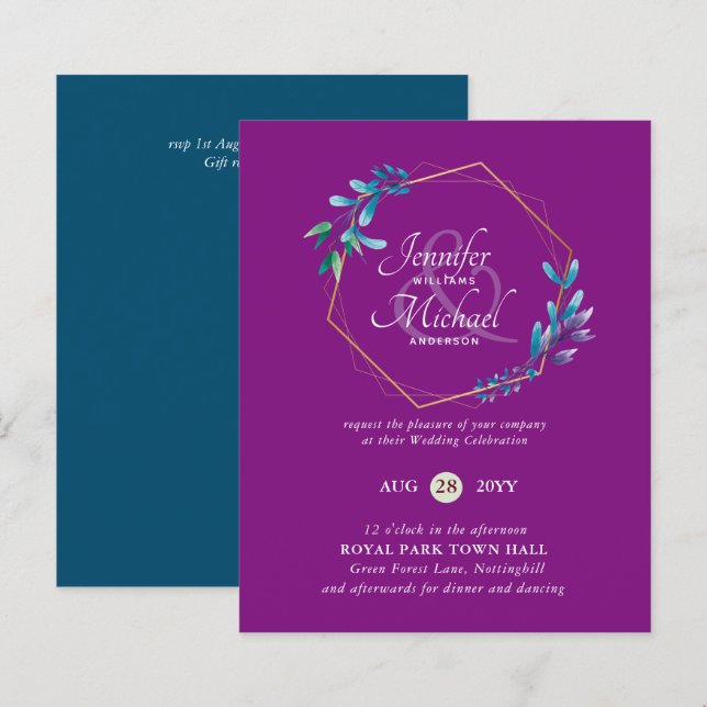 BUDGET Teal Purple Gold Wreath Wedding Invitations (Front/Back)
