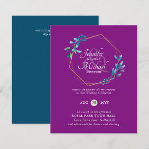 BUDGET Teal Purple Gold Wreath Wedding Invitations