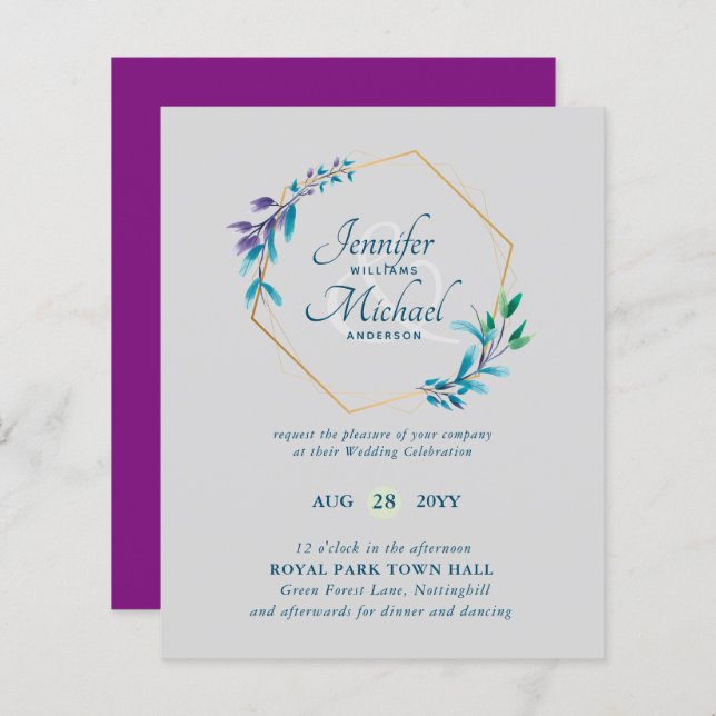 BUDGET Teal Purple Gold Wreath Wedding Invitations (Front/Back)