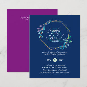 BUDGET Teal Purple Gold Wreath Wedding Invitations