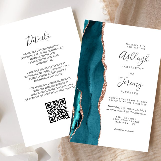 Budget Teal Rose Gold QR Code Wedding Invitation (Creator Uploaded)