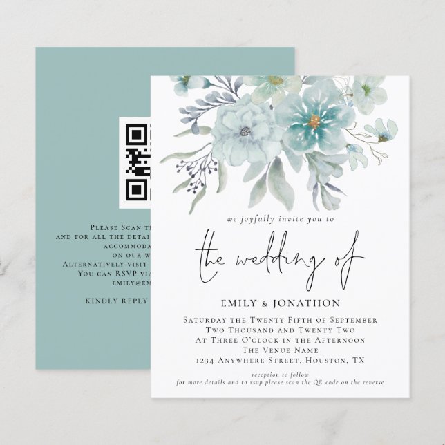 Budget Teal Sea Mist QR Florals Wedding Invitation (Front/Back)