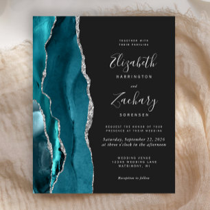 Budget Teal Silver Agate Dark Wedding Invitation