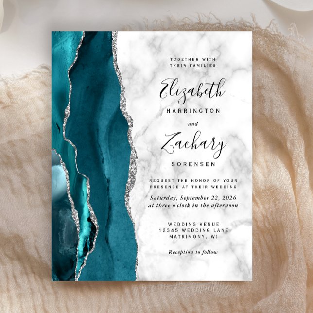 Budget Teal Silver Agate Marble Wedding Invite (Creator Uploaded)