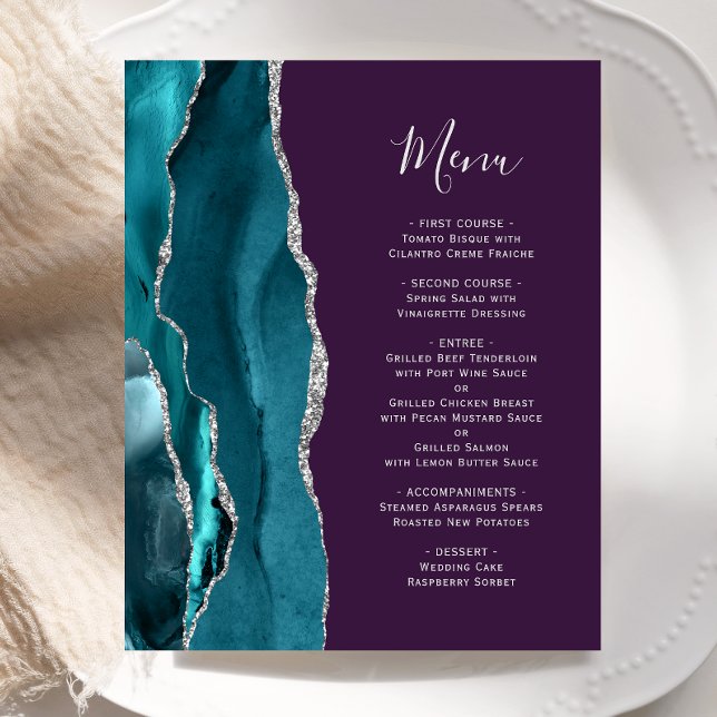 Budget Teal Silver Agate Purple Wedding Menu (Creator Uploaded)