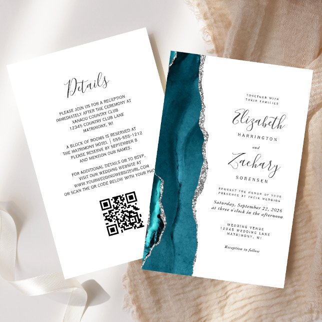 Budget Teal Silver Agate QR Code Wedding Invite (Creator Uploaded)