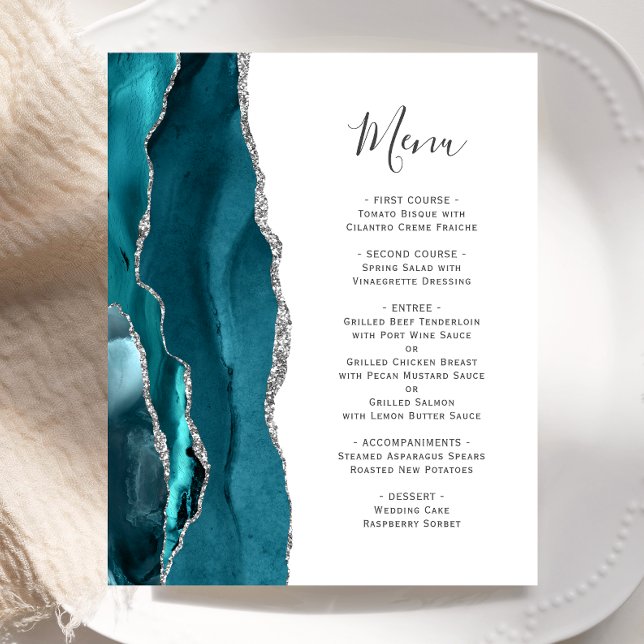 Budget Teal Silver Agate Wedding Menu (Creator Uploaded)