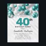 Budget Teal Silver Balloon Glitter 40th Birthday<br><div class="desc">Modern Glam Teal Green Silver Balloon Glitter Sparkle Any Age Birthday Invitation</div>
