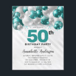 Budget Teal Silver Balloon Glitter 50th Birthday<br><div class="desc">Modern Glam Teal Green Silver Balloon Glitter Sparkle Any Age Birthday Invitation</div>
