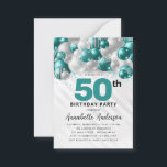 Budget Teal Silver Balloon Glitter 50th Birthday Card<br><div class="desc">Modern Glam Teal Green Silver Balloon Glitter Sparkle Any Age Birthday Invitation</div>