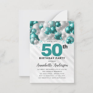 Budget Teal Silver Balloon Glitter 50th Birthday Card