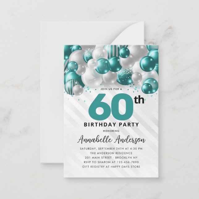 Budget Teal Silver Balloon Glitter 60th Birthday Card (Front)
