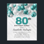 Budget Teal Silver Balloon Glitter 80th Birthday<br><div class="desc">Modern Glam Teal Green Silver Balloon Glitter Sparkle Any Age Birthday Invitation</div>
