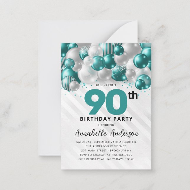 Budget Teal Silver Balloon Glitter 90th Birthday Card (Front)