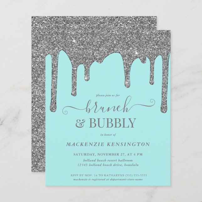 Budget Teal Silver Glitter Drips Brunch Bubbly (Front/Back)