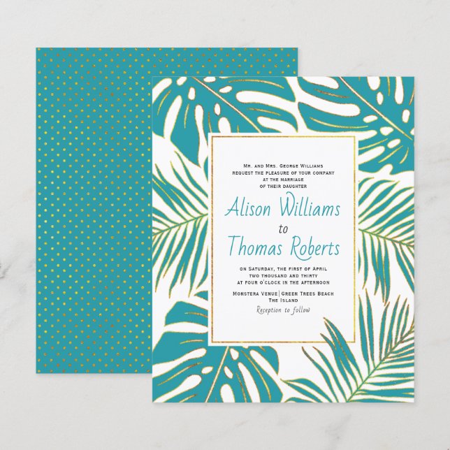 BUDGET teal tropical leaves wedding invitation (Front/Back)